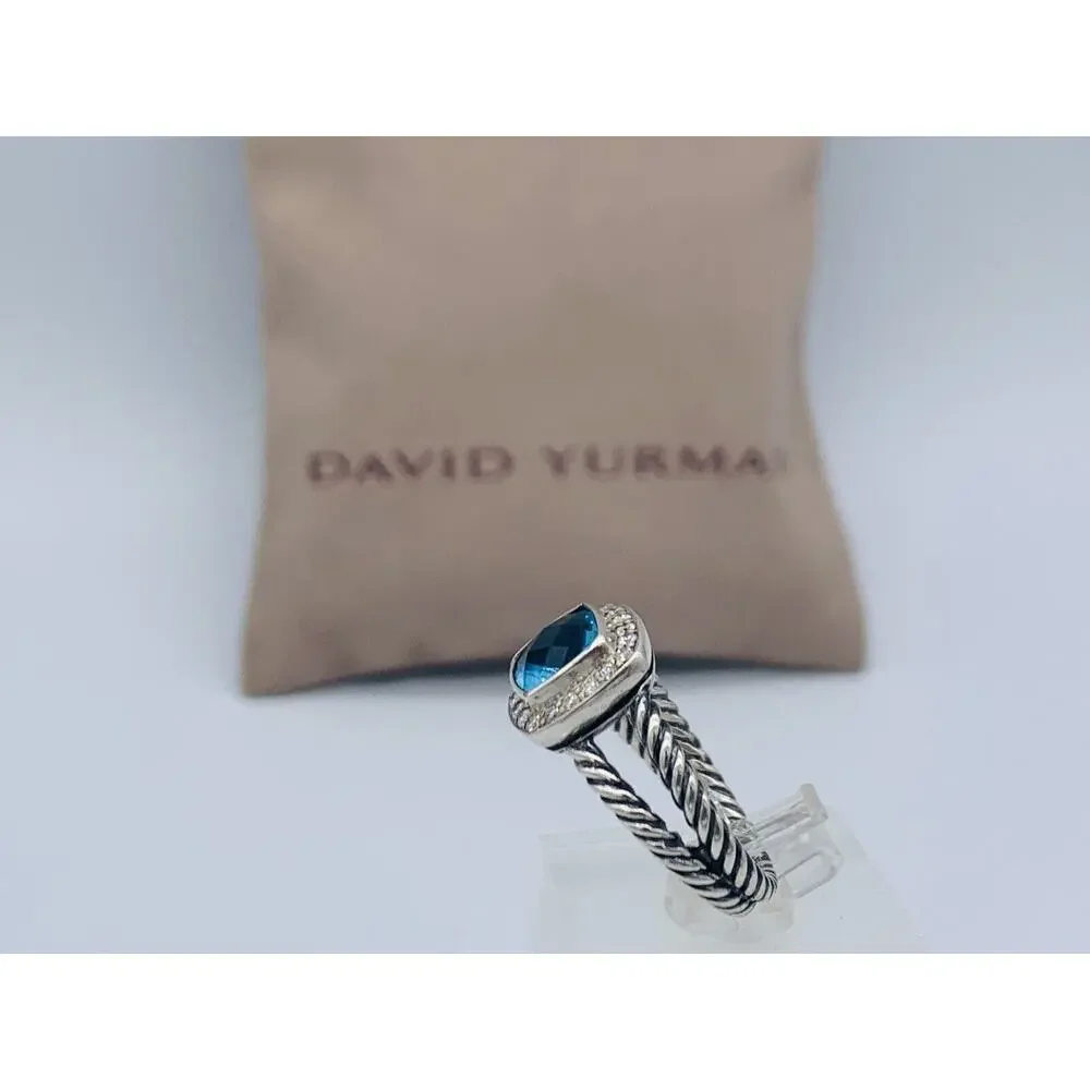 David Yurman Sterling Silver Blue Topaz & Diamond Petite Albion Ring Size 6